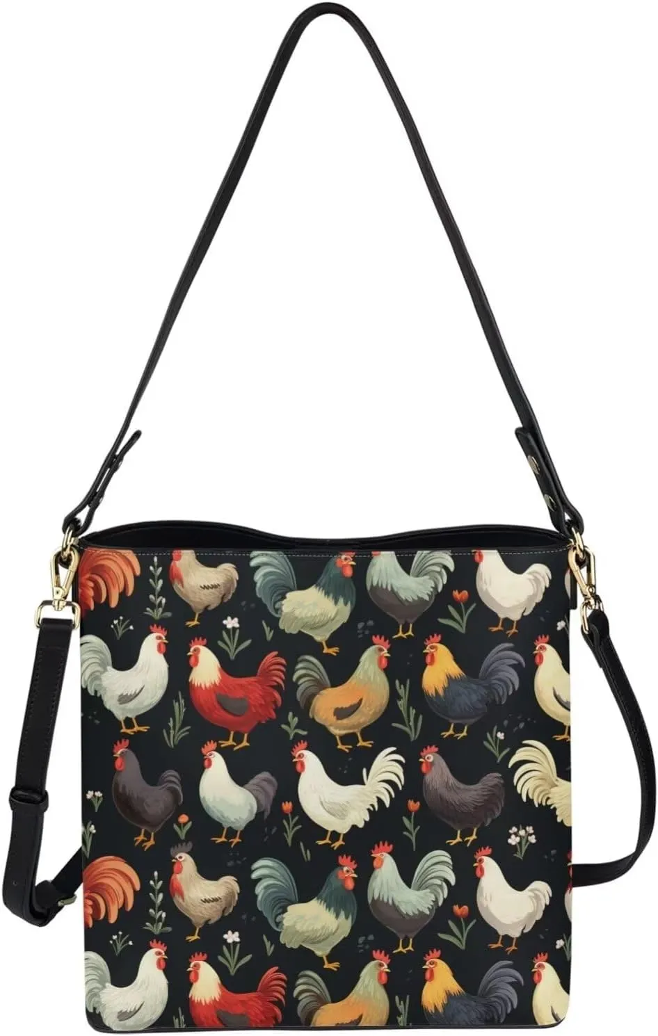 Hobo Bags for Women Top Handle Folk Art Birds Floral Bucket Satchel Shoulder Purse PU Leather with Shoulder Strap