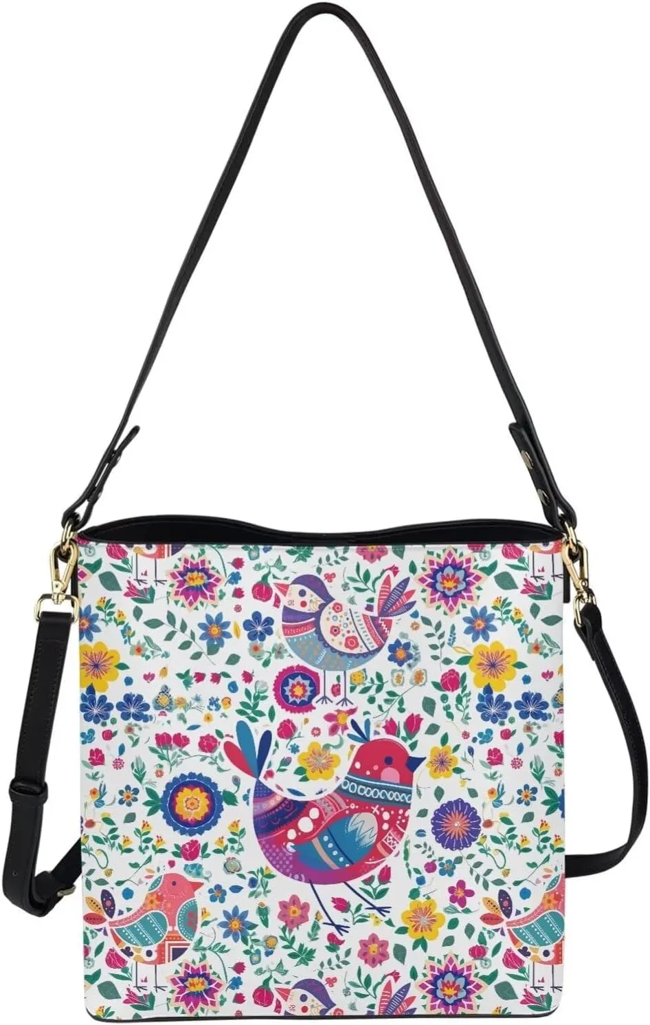 Hobo Bags for Women Top Handle Folk Art Birds Floral Bucket Satchel Shoulder Purse PU Leather with Shoulder Strap