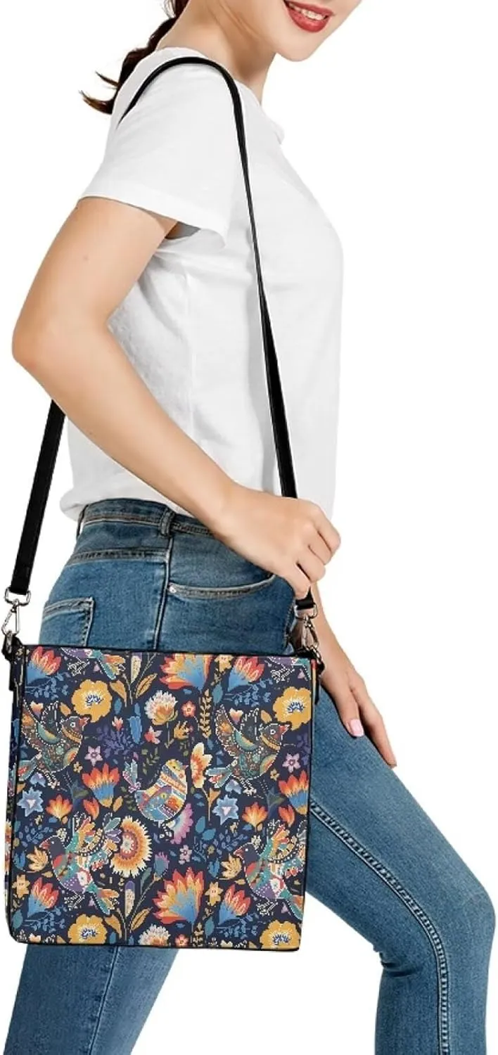 Hobo Bags for Women Top Handle Folk Art Birds Floral Bucket Satchel Shoulder Purse PU Leather with Shoulder Strap