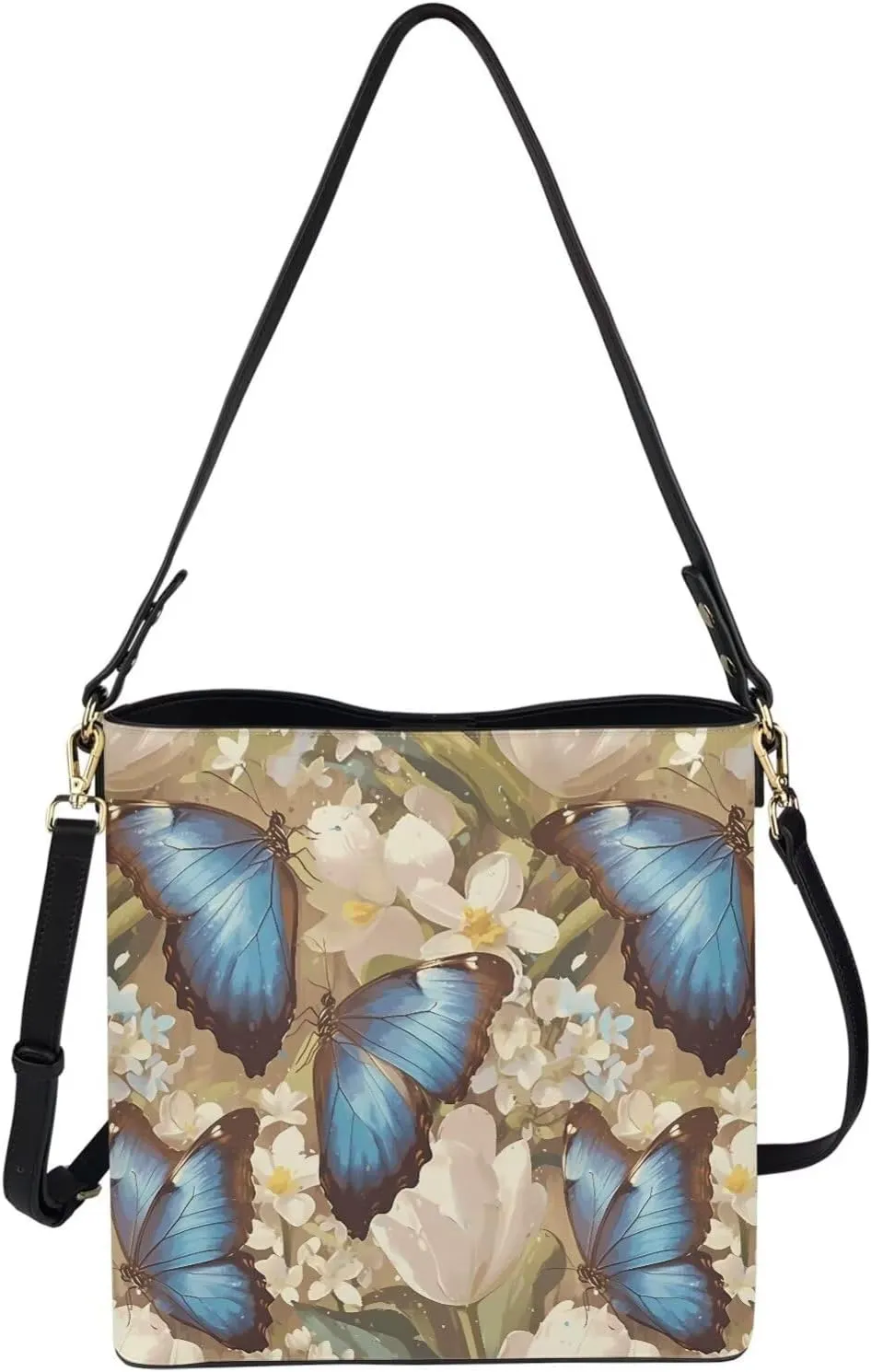 Hobo Bags for Women Top Handle Folk Art Birds Floral Bucket Satchel Shoulder Purse PU Leather with Shoulder Strap