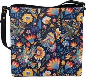 Hobo Bags for Women Top Handle Folk Art Birds Floral Bucket Satchel Shoulder Purse PU Leather with Shoulder Strap