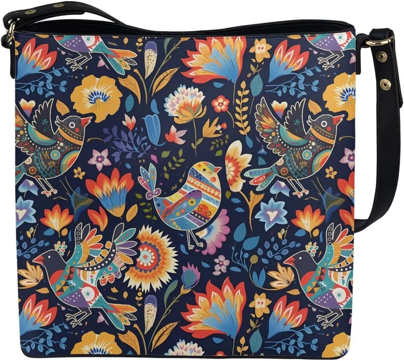 Hobo Bags for Women Top Handle Folk Art Birds Floral Bucket Satchel Shoulder Purse PU Leather with Shoulder Strap