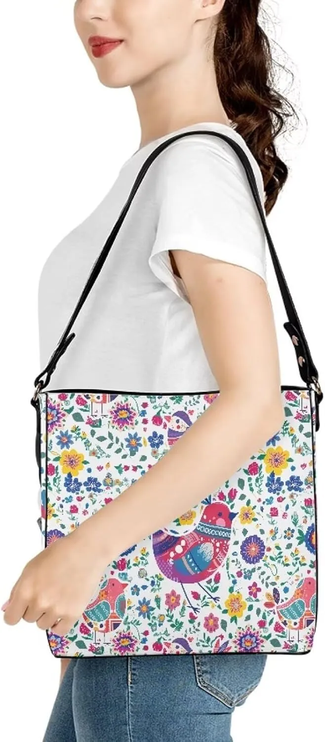 Hobo Bags for Women Top Handle Folk Art Birds Floral Bucket Satchel Shoulder Purse PU Leather with Shoulder Strap