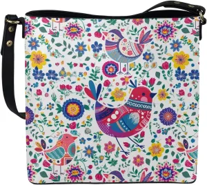 Hobo Bags for Women Top Handle Folk Art Birds Floral Bucket Satchel Shoulder Purse PU Leather with Shoulder Strap