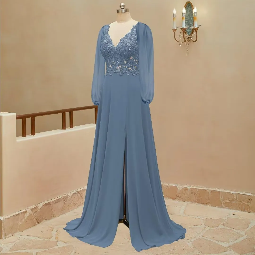 homdor Long Sleeve Chiffon Bridesmaid Dresses 2025 Lace Appliques Formal Dresses V Neck Prom Dress for Women with Slit