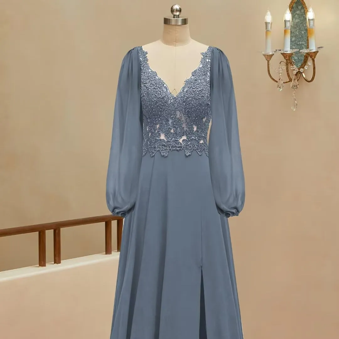 homdor Long Sleeve Chiffon Bridesmaid Dresses 2025 Lace Appliques Formal Dresses V Neck Prom Dress for Women with Slit