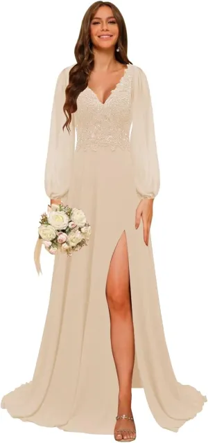 homdor Long Sleeve Chiffon Bridesmaid Dresses 2025 Lace Appliques Formal Dresses V Neck Prom Dress for Women with Slit