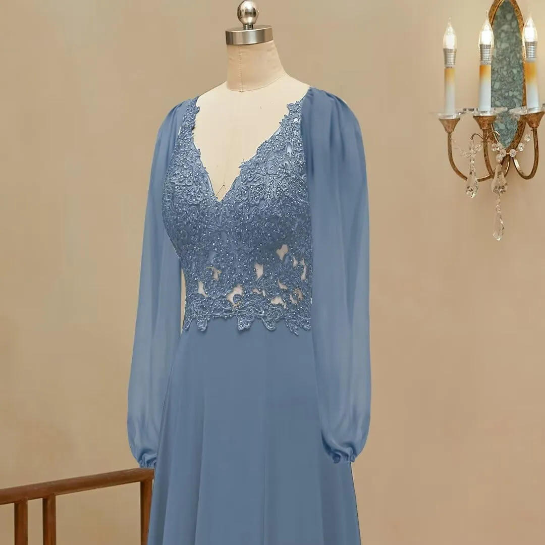 homdor Long Sleeve Chiffon Bridesmaid Dresses 2025 Lace Appliques Formal Dresses V Neck Prom Dress for Women with Slit
