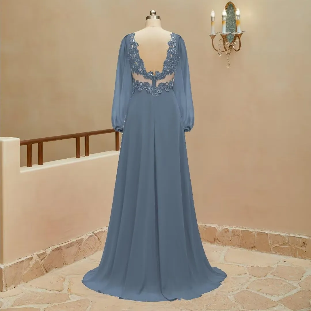 homdor Long Sleeve Chiffon Bridesmaid Dresses 2025 Lace Appliques Formal Dresses V Neck Prom Dress for Women with Slit