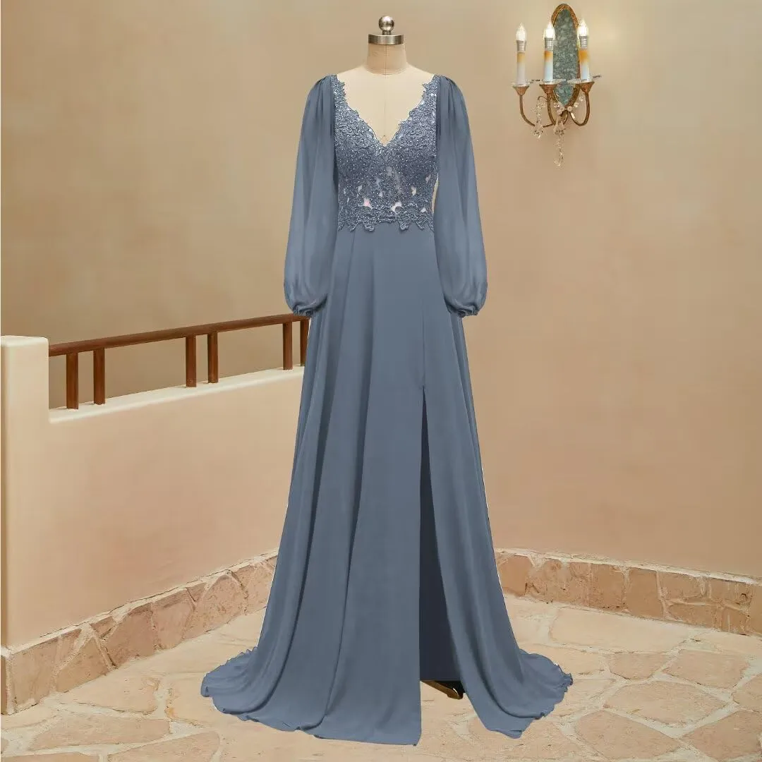 homdor Long Sleeve Chiffon Bridesmaid Dresses 2025 Lace Appliques Formal Dresses V Neck Prom Dress for Women with Slit