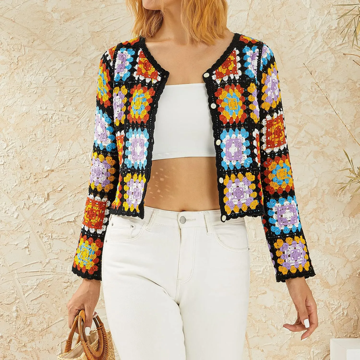Honganda Women's Knit Crochet Cardigan Long Sleeve Floral Embroidery Hollow Out Knitwear Spring Fall Y2K Boho Sweater