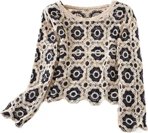 Honganda Women's Knit Crochet Cardigan Long Sleeve Floral Embroidery Hollow Out Knitwear Spring Fall Y2K Boho Sweater