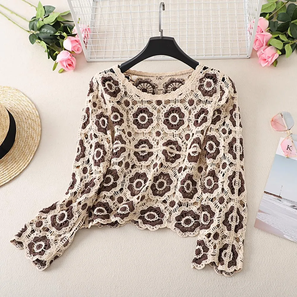 Honganda Women's Knit Crochet Cardigan Long Sleeve Floral Embroidery Hollow Out Knitwear Spring Fall Y2K Boho Sweater