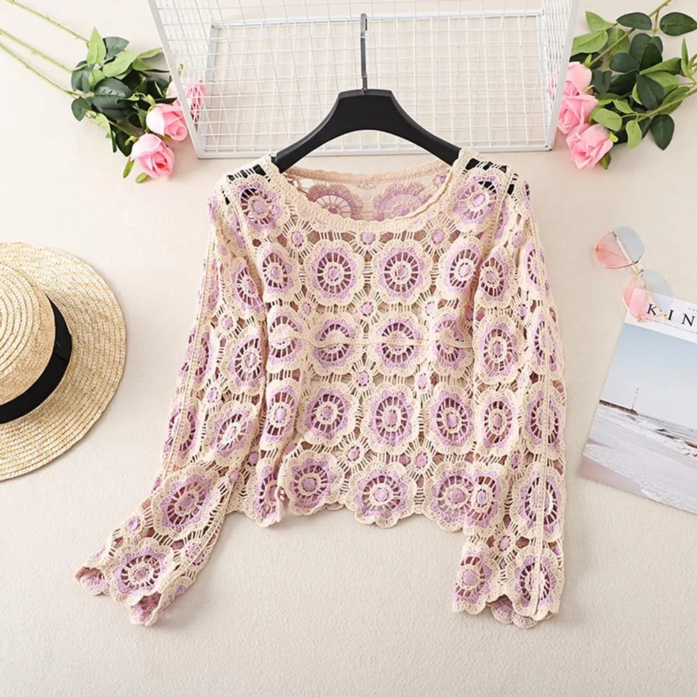 Honganda Women's Knit Crochet Cardigan Long Sleeve Floral Embroidery Hollow Out Knitwear Spring Fall Y2K Boho Sweater