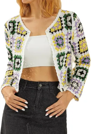 Honganda Women's Knit Crochet Cardigan Long Sleeve Floral Embroidery Hollow Out Knitwear Spring Fall Y2K Boho Sweater