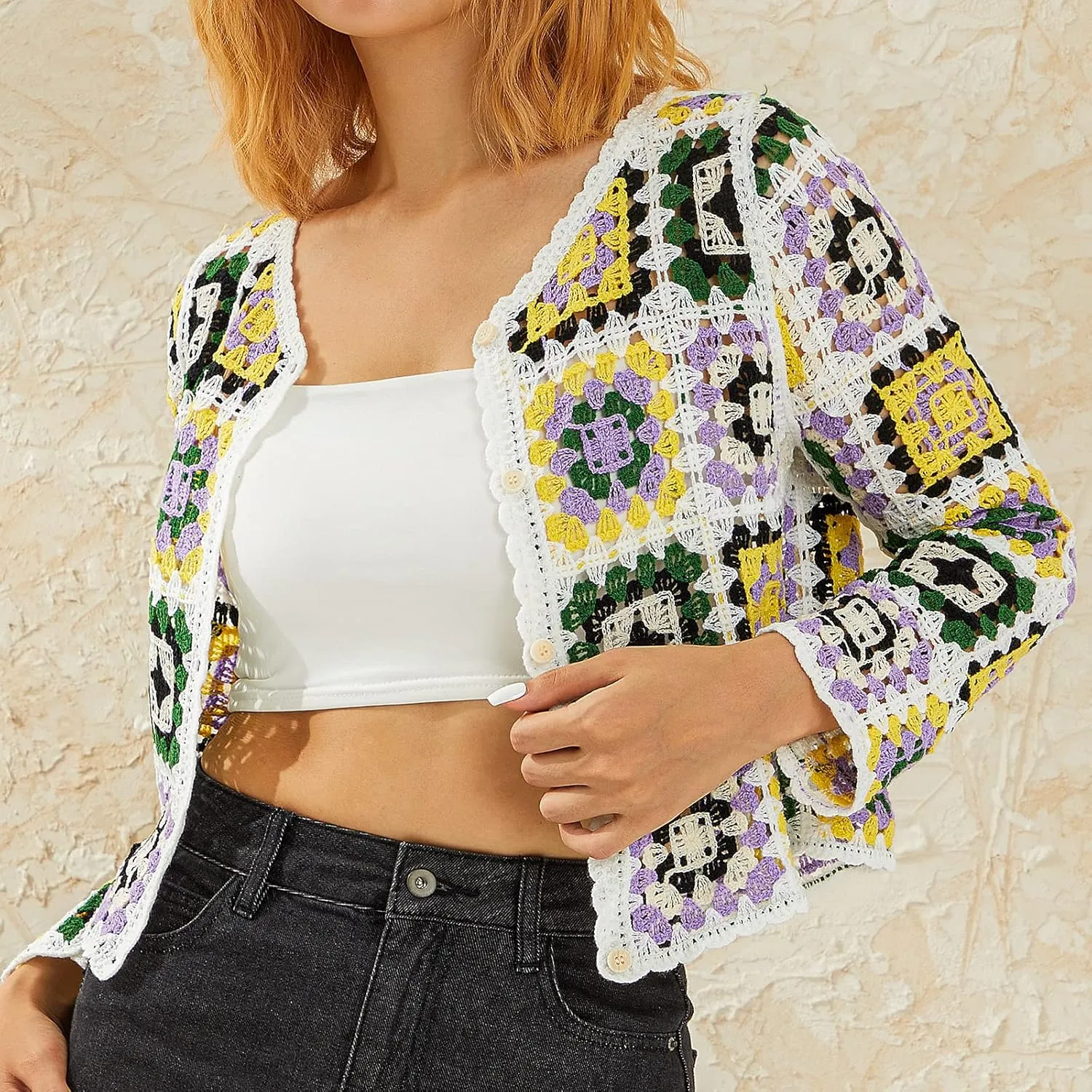 Honganda Women's Knit Crochet Cardigan Long Sleeve Floral Embroidery Hollow Out Knitwear Spring Fall Y2K Boho Sweater