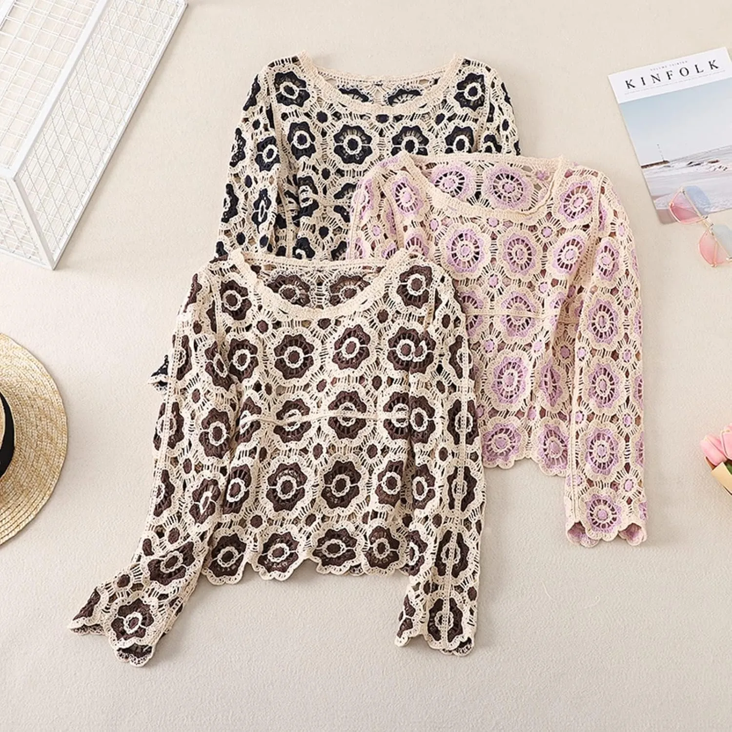 Honganda Women's Knit Crochet Cardigan Long Sleeve Floral Embroidery Hollow Out Knitwear Spring Fall Y2K Boho Sweater