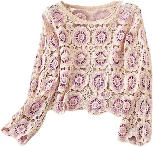 Honganda Women's Knit Crochet Cardigan Long Sleeve Floral Embroidery Hollow Out Knitwear Spring Fall Y2K Boho Sweater