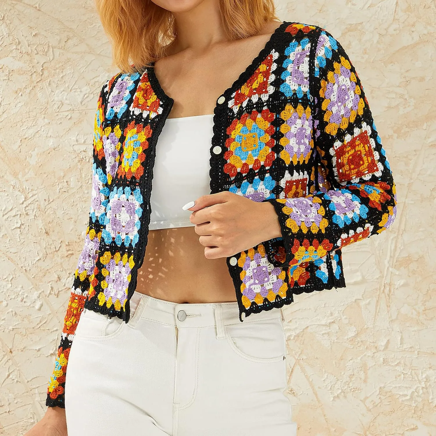 Honganda Women's Knit Crochet Cardigan Long Sleeve Floral Embroidery Hollow Out Knitwear Spring Fall Y2K Boho Sweater
