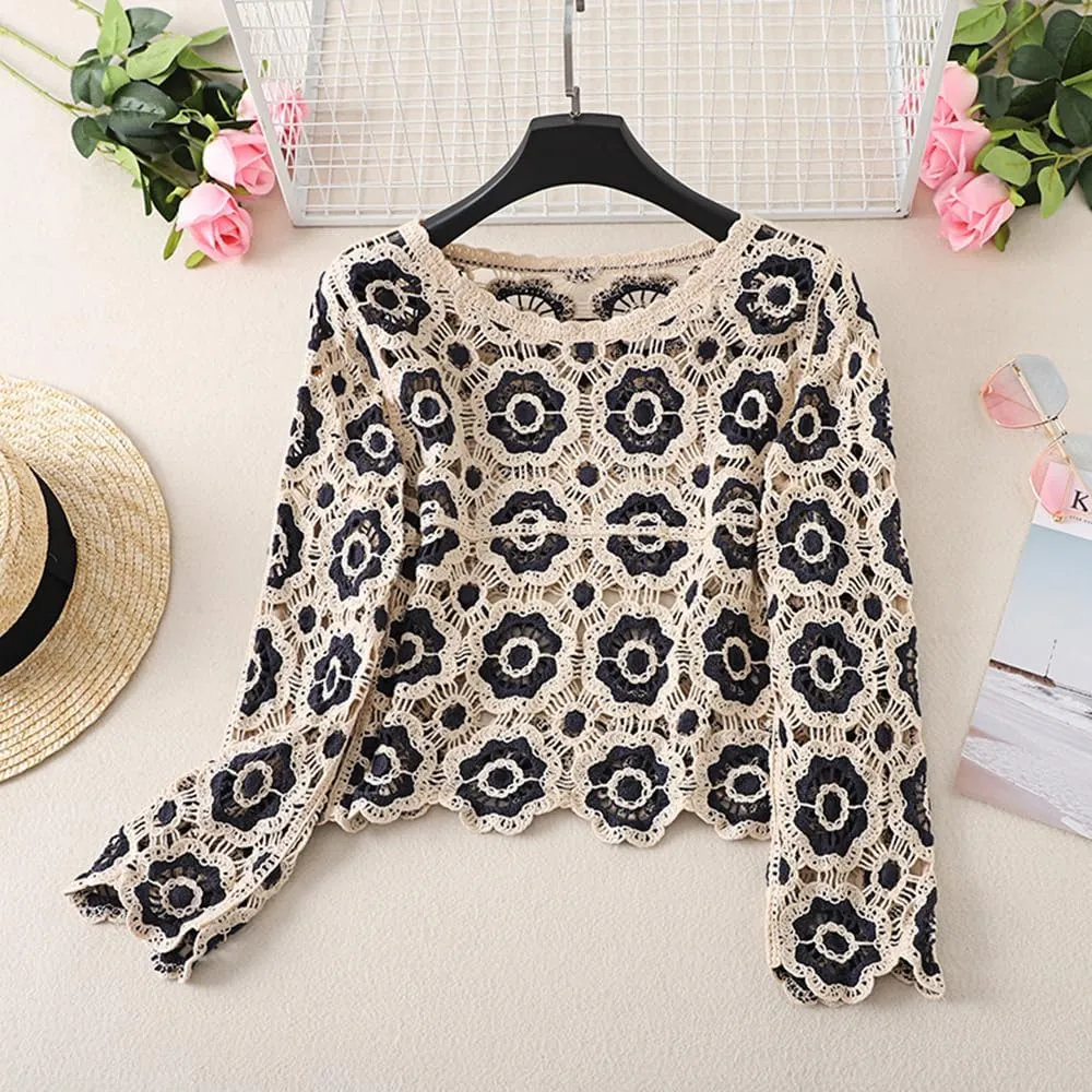 Honganda Women's Knit Crochet Cardigan Long Sleeve Floral Embroidery Hollow Out Knitwear Spring Fall Y2K Boho Sweater