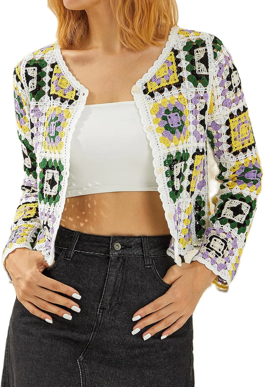 Honganda Women's Knit Crochet Cardigan Long Sleeve Floral Embroidery Hollow Out Knitwear Spring Fall Y2K Boho Sweater