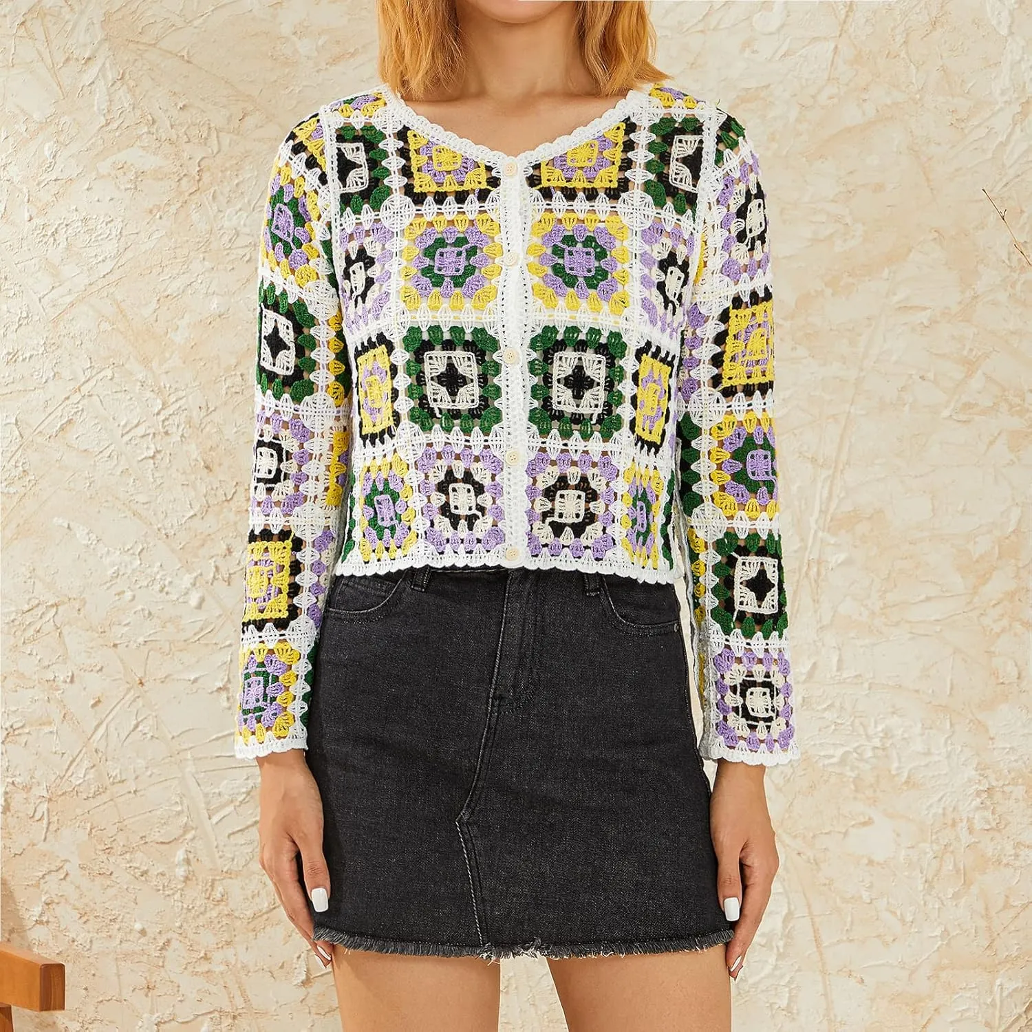 Honganda Women's Knit Crochet Cardigan Long Sleeve Floral Embroidery Hollow Out Knitwear Spring Fall Y2K Boho Sweater