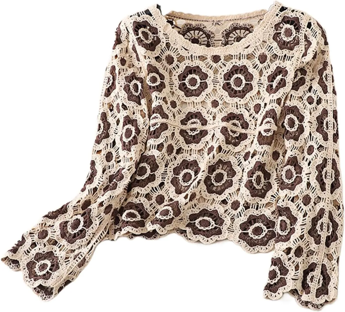 Honganda Women's Knit Crochet Cardigan Long Sleeve Floral Embroidery Hollow Out Knitwear Spring Fall Y2K Boho Sweater