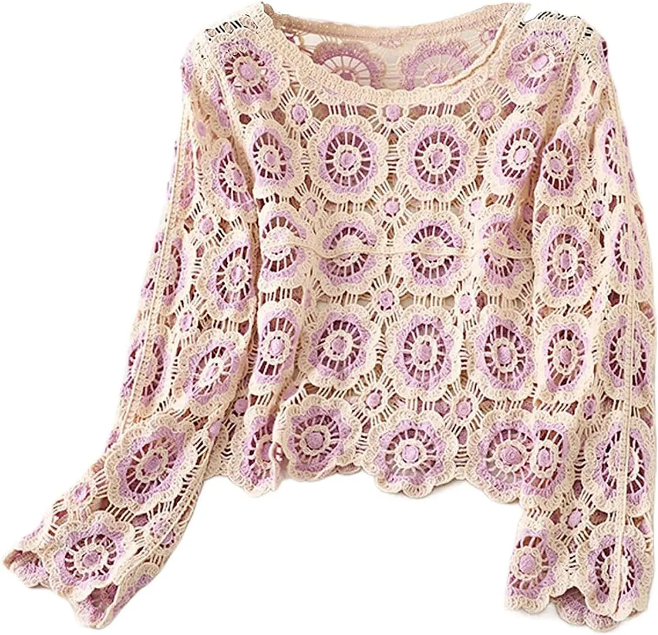 Honganda Women's Knit Crochet Cardigan Long Sleeve Floral Embroidery Hollow Out Knitwear Spring Fall Y2K Boho Sweater