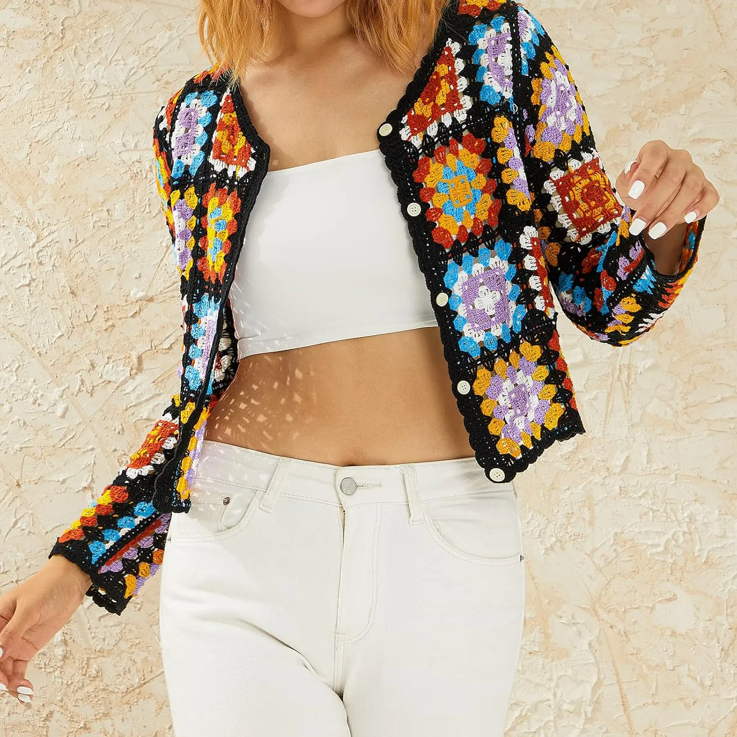 Honganda Women's Knit Crochet Cardigan Long Sleeve Floral Embroidery Hollow Out Knitwear Spring Fall Y2K Boho Sweater