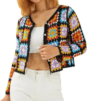 Honganda Women's Knit Crochet Cardigan Long Sleeve Floral Embroidery Hollow Out Knitwear Spring Fall Y2K Boho Sweater