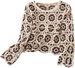 Honganda Women's Knit Crochet Cardigan Long Sleeve Floral Embroidery Hollow Out Knitwear Spring Fall Y2K Boho Sweater