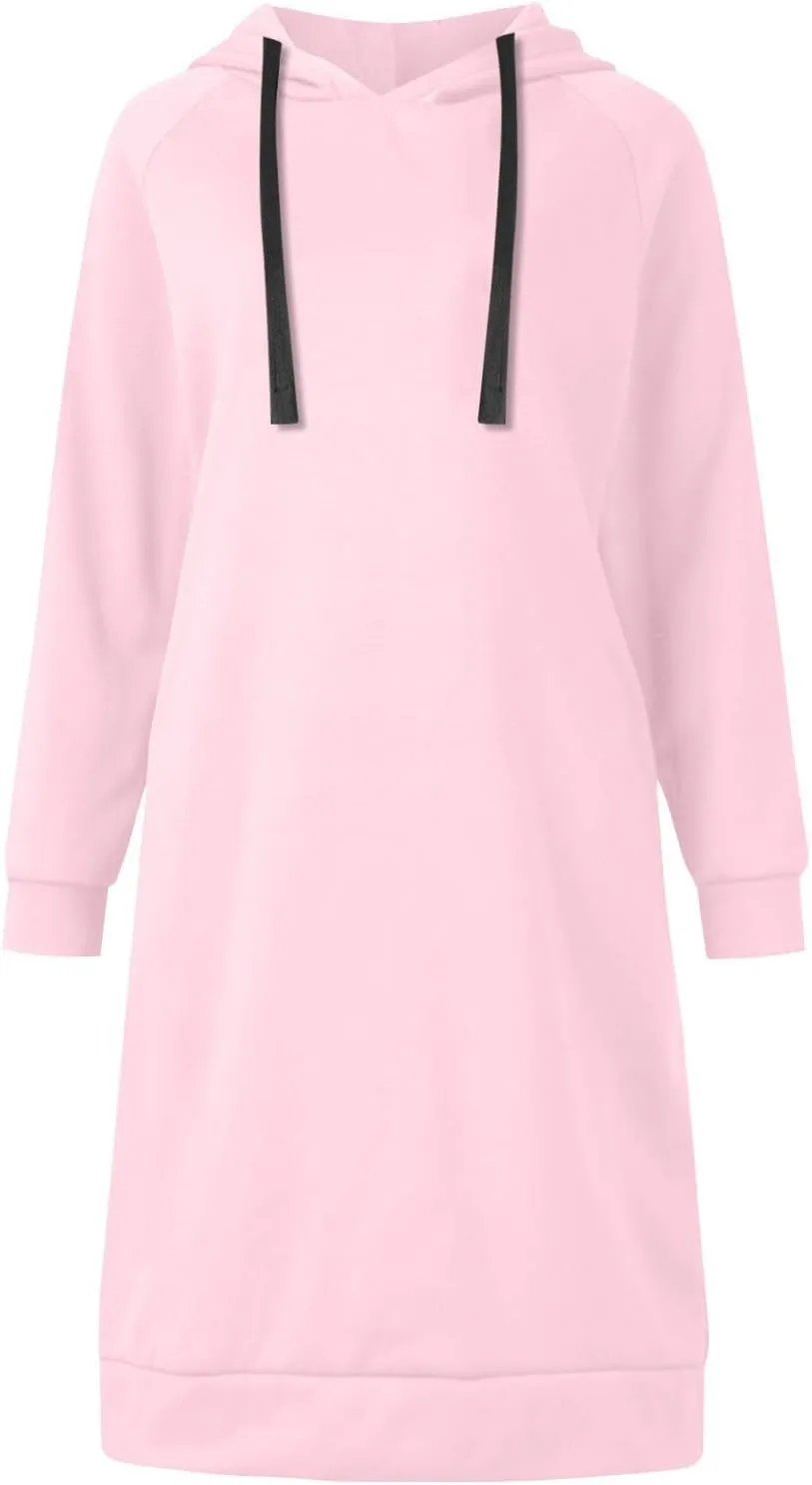 Hoodie Dress for Women Long Sleeve Warmy Oversized Hooded Dress Fleece Solid Color Long Sweatshirt with Pocket