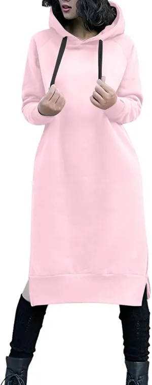 Hoodie Dress for Women Long Sleeve Warmy Oversized Hooded Dress Fleece Solid Color Long Sweatshirt with Pocket