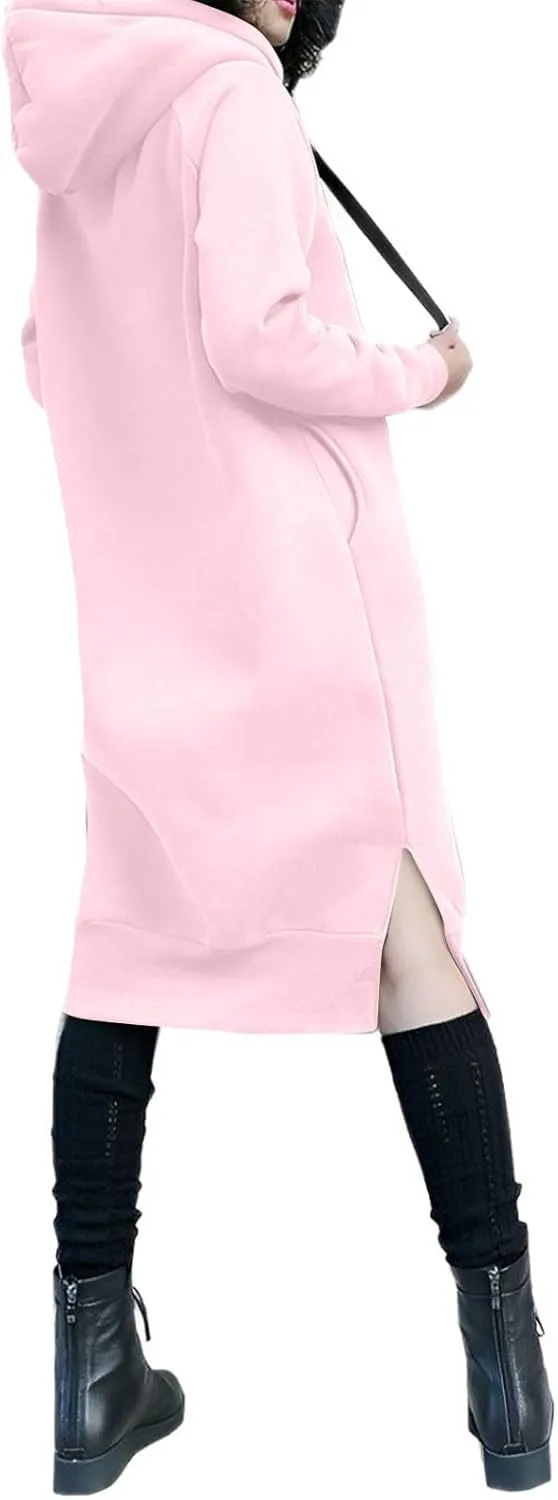 Hoodie Dress for Women Long Sleeve Warmy Oversized Hooded Dress Fleece Solid Color Long Sweatshirt with Pocket