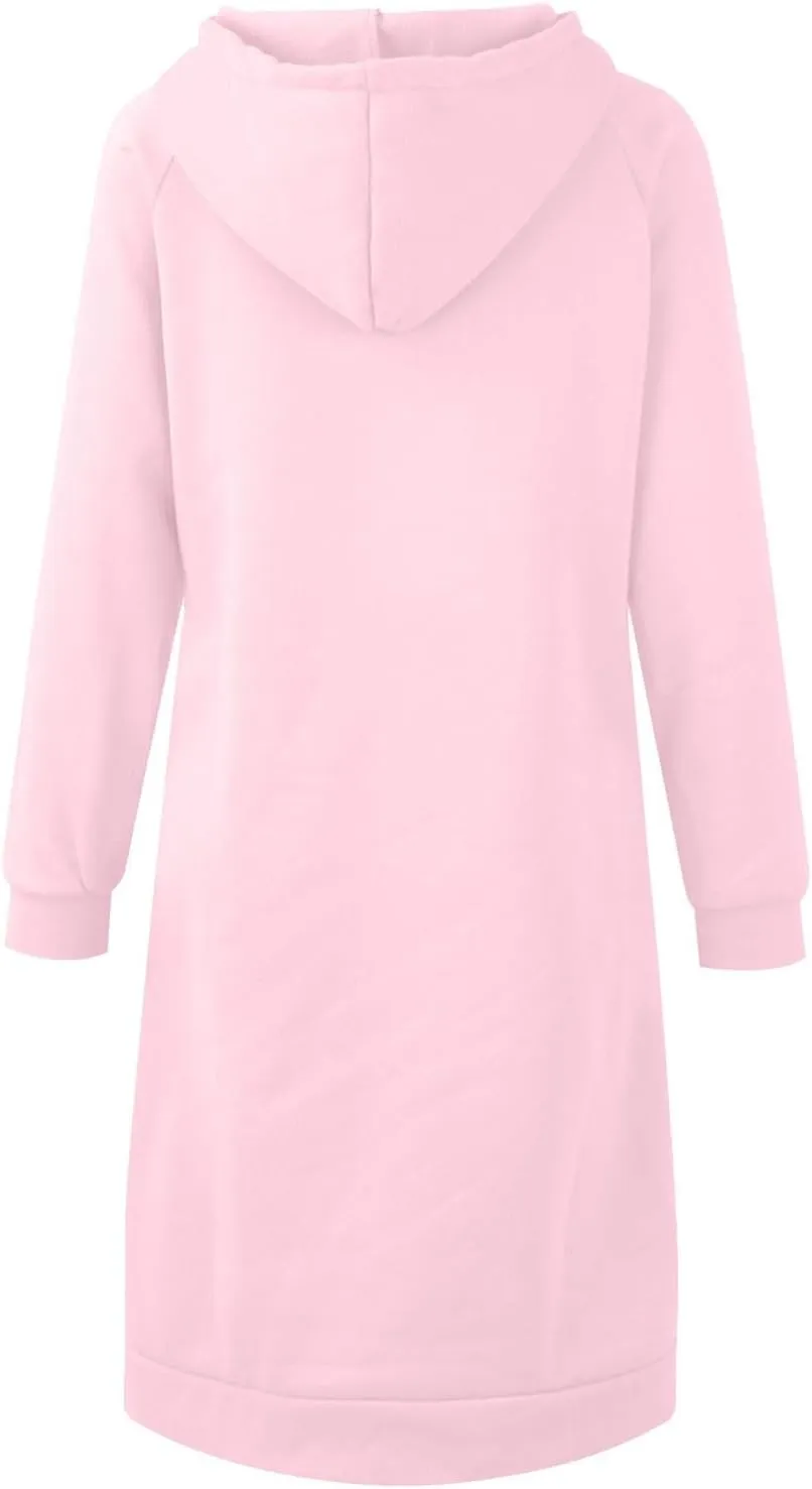 Hoodie Dress for Women Long Sleeve Warmy Oversized Hooded Dress Fleece Solid Color Long Sweatshirt with Pocket