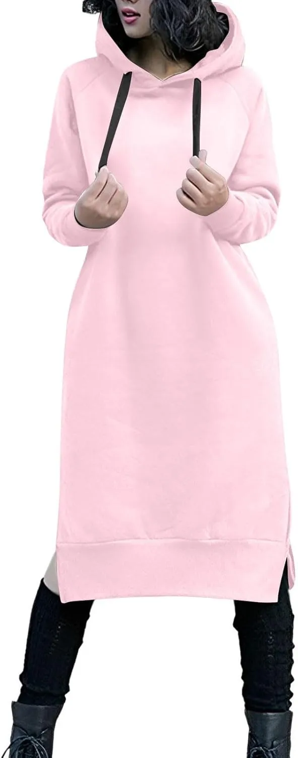 Hoodie Dress for Women Long Sleeve Warmy Oversized Hooded Dress Fleece Solid Color Long Sweatshirt with Pocket