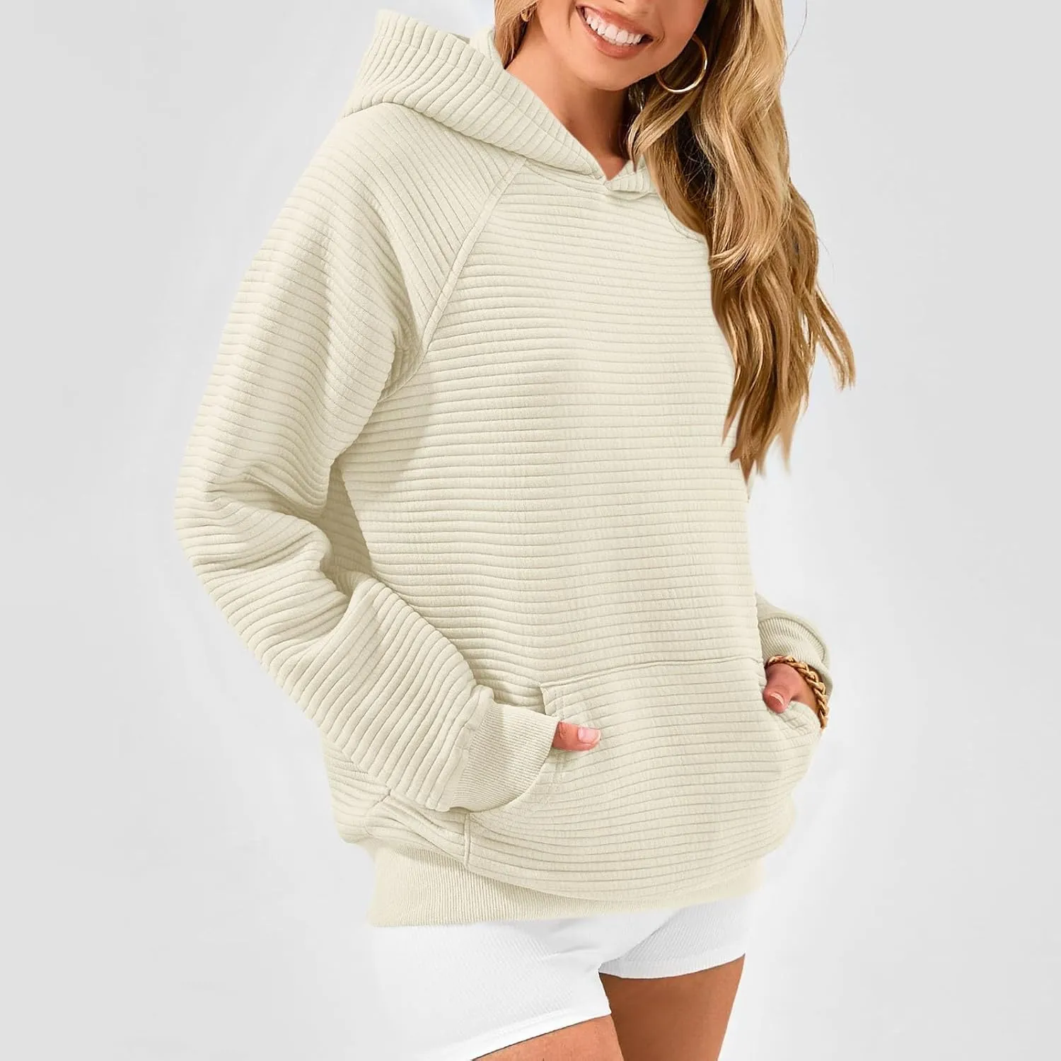 Hoodies for Women Loose Fleece Raglan Long Sleeve Hooded Sweatshirts Casual Comfy Jacquard Pullover with Pockets