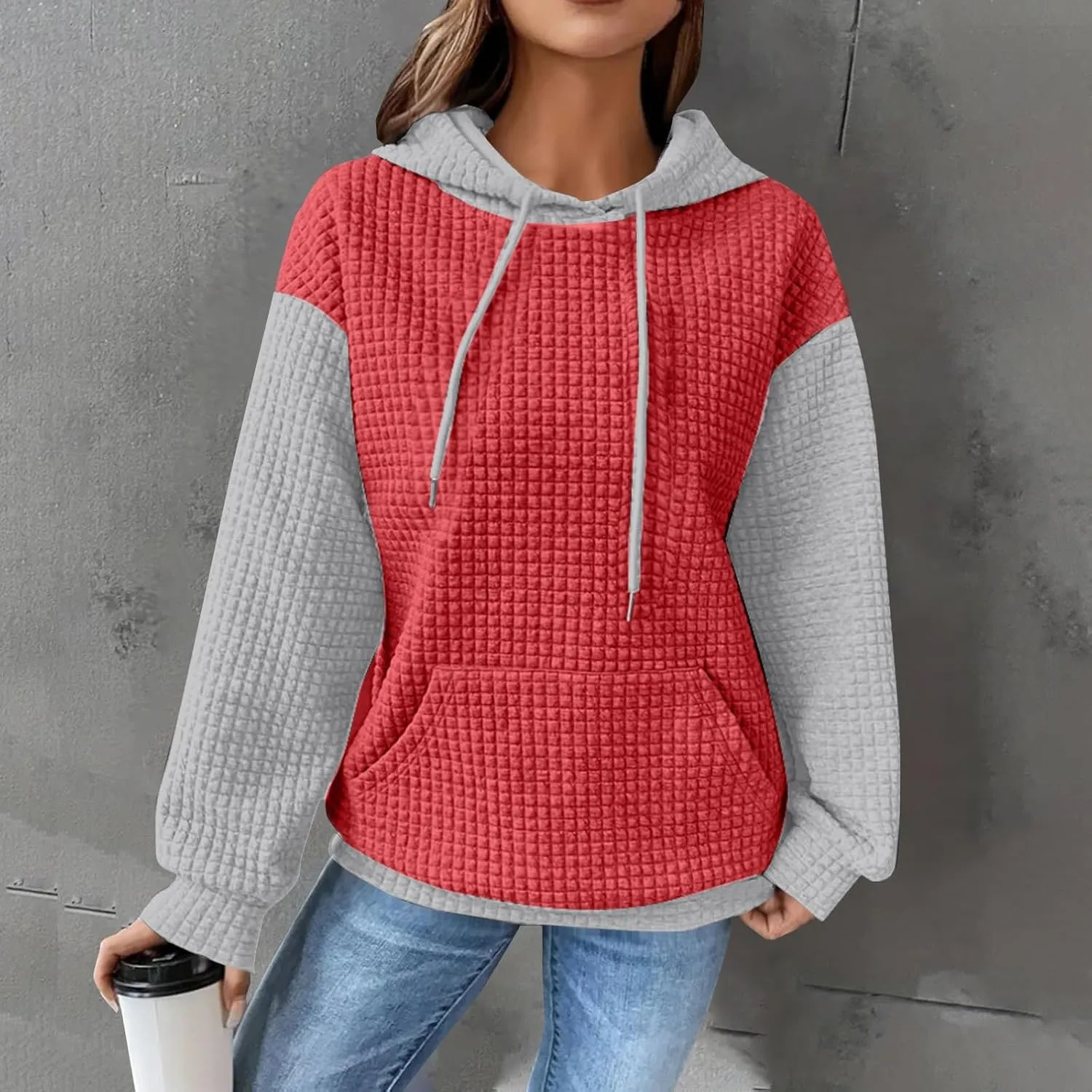 Hoodies For Women,2024 Fall Trendy Waffle Long Sleeve Drawstring Pullover Tops Casual Preppy Sweatshirt With Pockets