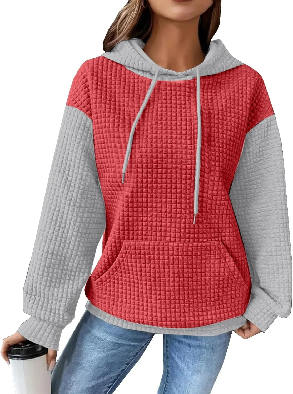Hoodies For Women,2024 Fall Trendy Waffle Long Sleeve Drawstring Pullover Tops Casual Preppy Sweatshirt With Pockets