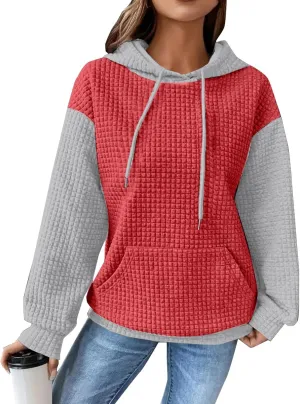 Hoodies For Women,2024 Fall Trendy Waffle Long Sleeve Drawstring Pullover Tops Casual Preppy Sweatshirt With Pockets