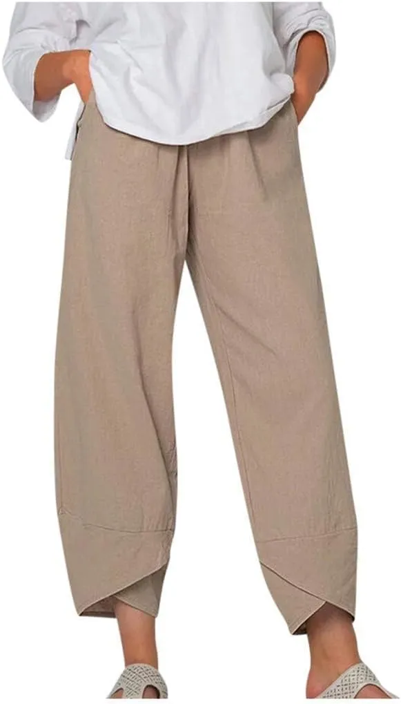 HOTYD Cotton Linen Pants Casual Summer Capri Pants for Women Baggy Elastic Waisted Yoga Trousers Wide Leg Cropped Pants