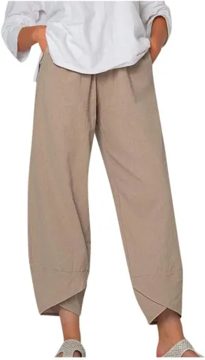 HOTYD Cotton Linen Pants Casual Summer Capri Pants for Women Baggy Elastic Waisted Yoga Trousers Wide Leg Cropped Pants