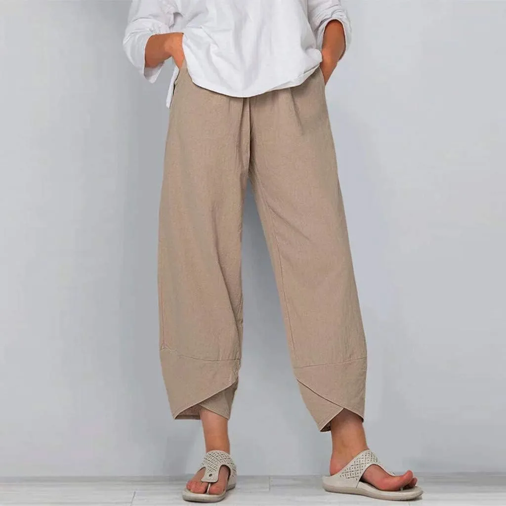 HOTYD Cotton Linen Pants Casual Summer Capri Pants for Women Baggy Elastic Waisted Yoga Trousers Wide Leg Cropped Pants