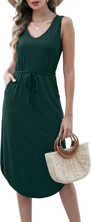 Hount Womens V Neck Sleeveless Casual T Shirt Dress Summer Midi Dress with Pockets