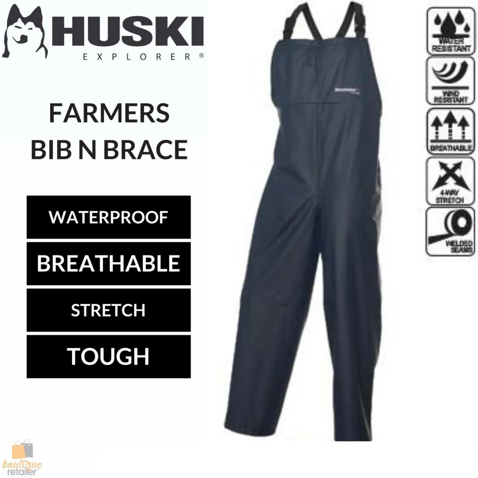 HUSKI OVERALLS Bib N Brace Waterproof - Navy - Size S