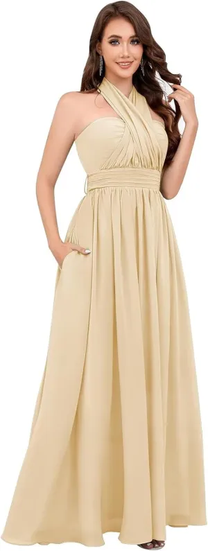 Infinity Chiffon Bridesmaid Dresses for Women 2024 Long Streamers Halter Strapless Ruched Formal Gown with Pockets