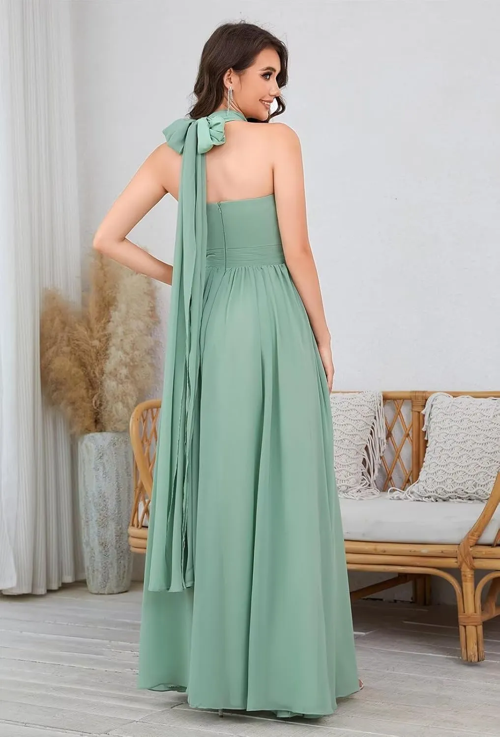 Infinity Chiffon Bridesmaid Dresses for Women 2024 Long Streamers Halter Strapless Ruched Formal Gown with Pockets