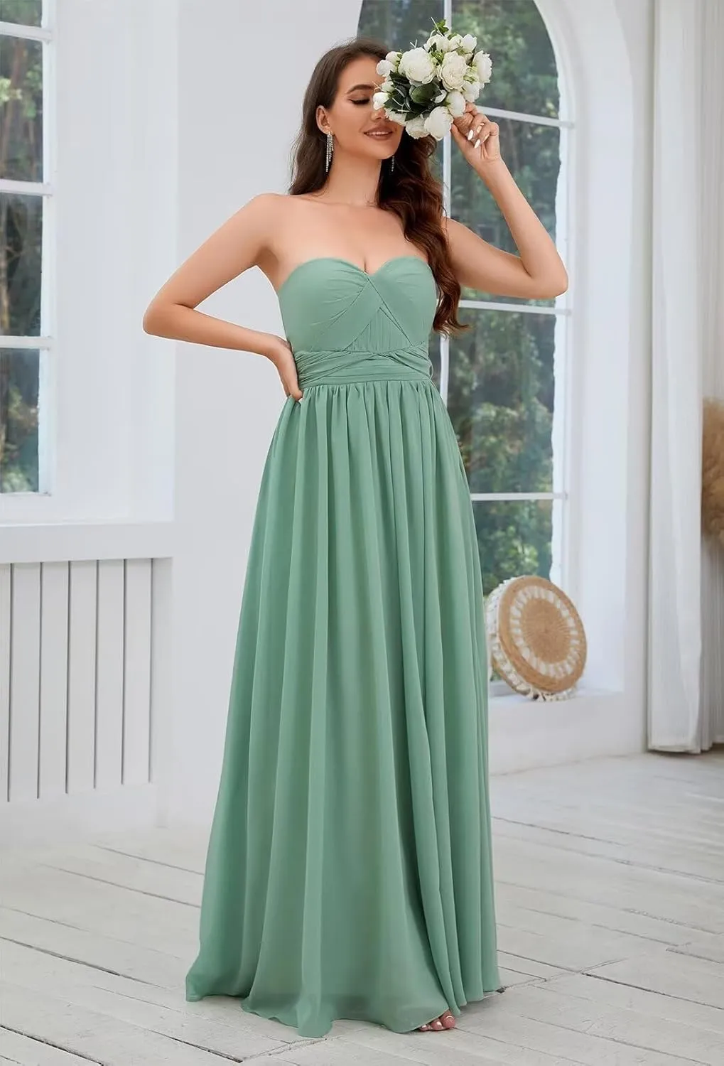 Infinity Chiffon Bridesmaid Dresses for Women 2024 Long Streamers Halter Strapless Ruched Formal Gown with Pockets
