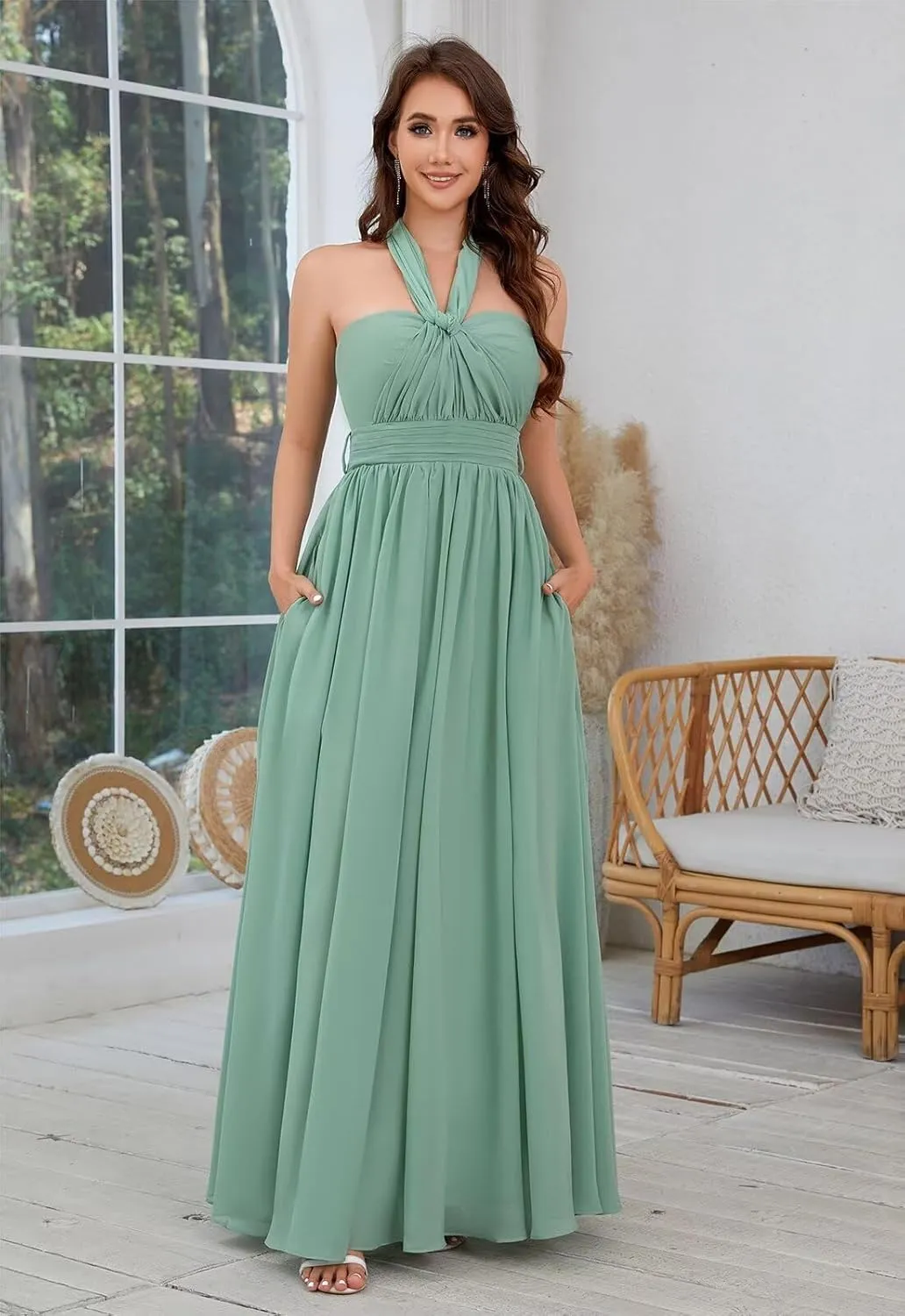 Infinity Chiffon Bridesmaid Dresses for Women 2024 Long Streamers Halter Strapless Ruched Formal Gown with Pockets