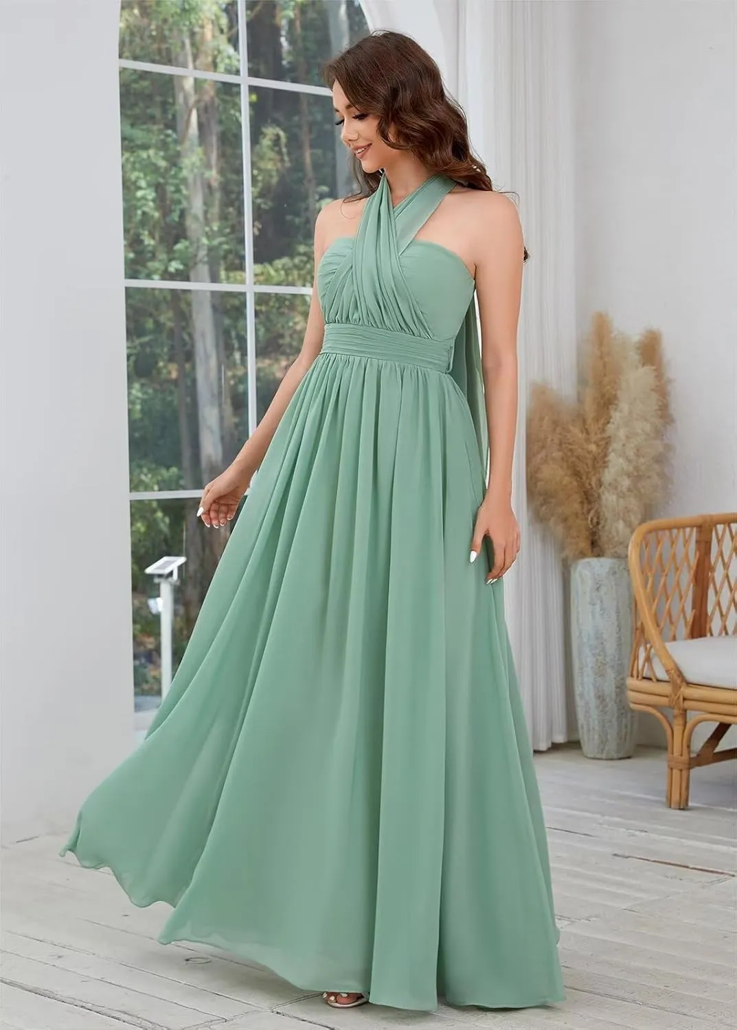 Infinity Chiffon Bridesmaid Dresses for Women 2024 Long Streamers Halter Strapless Ruched Formal Gown with Pockets